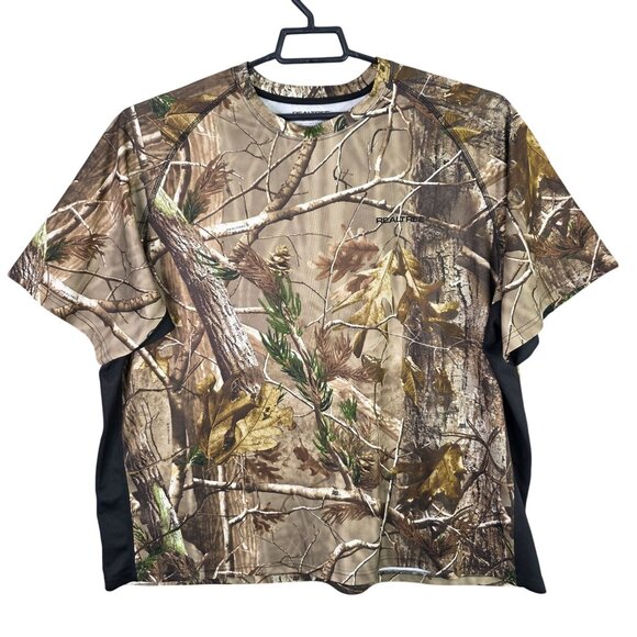 Mens Real Tree Brown & Black Camo Shirt Short Sleeve Crew Neck Hunting Size 3XL - Picture 1 of 6